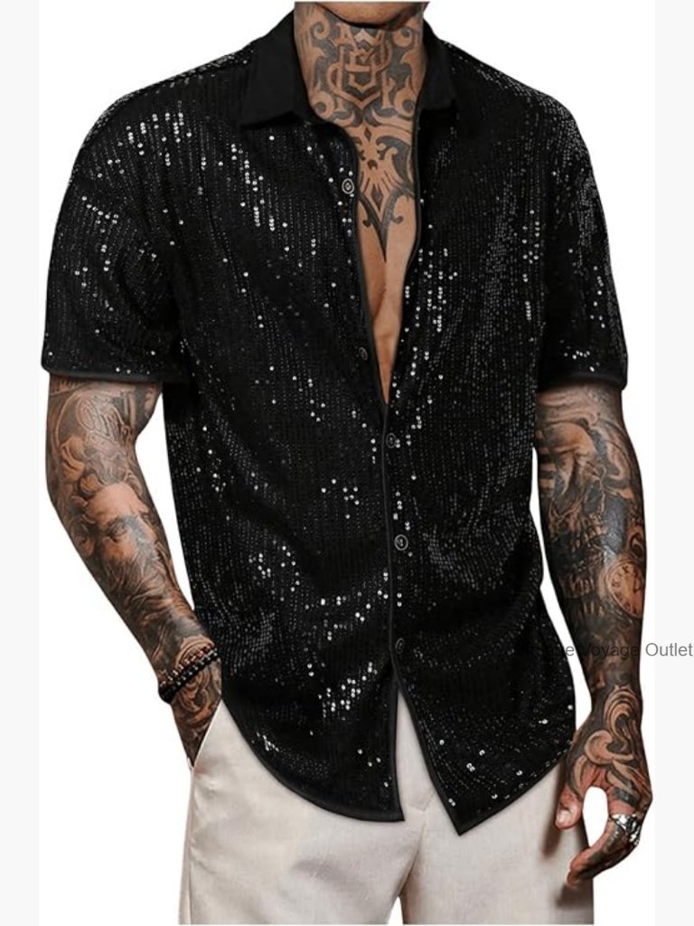 Men's Sequin Button Down Shirt Sparkle Disco Short Sleeve Party Top